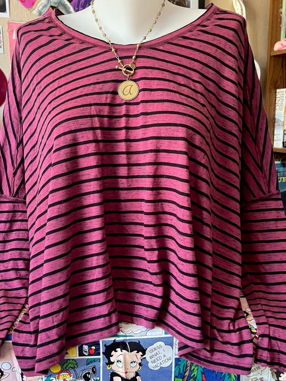 We The Free Pink and Black Striped Oversized Long Sleeve Tee